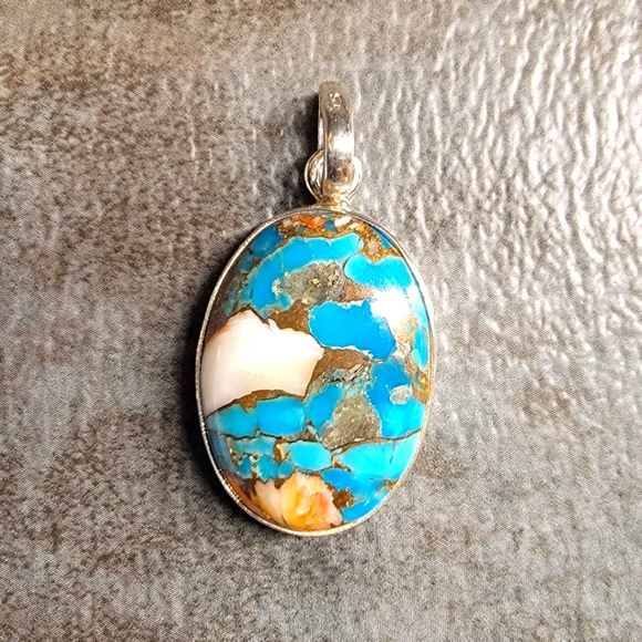 Vintage Jewelry - Sterling Silver 925 Pendant Spiny Oyster Copper Turquoise Stone